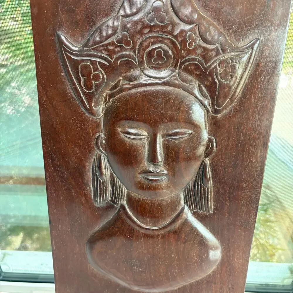 Vintage Haitian Hand Carved Wood Wall Plaque Featuring Zen Buddha Style Woman